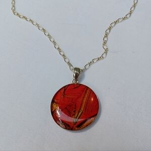 Sterling Silver Pendant, Delicate 16" chain, brilliant red/orange pendant